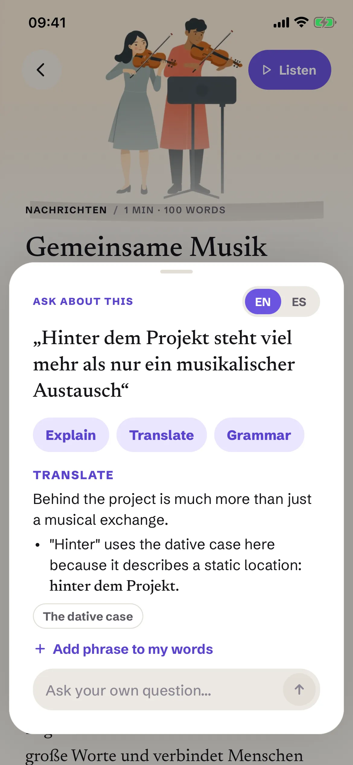 The Ask sheet over a piece: a selected sentence, its translation and a note on the dative case.
