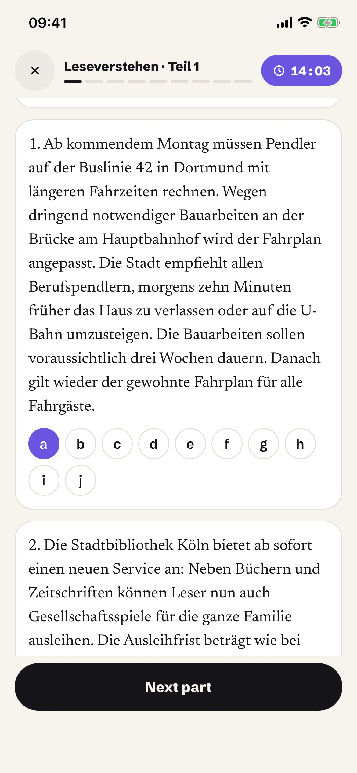 A mock exam in progress: Leseverstehen part 1 with the timer running and answer letters a to j.