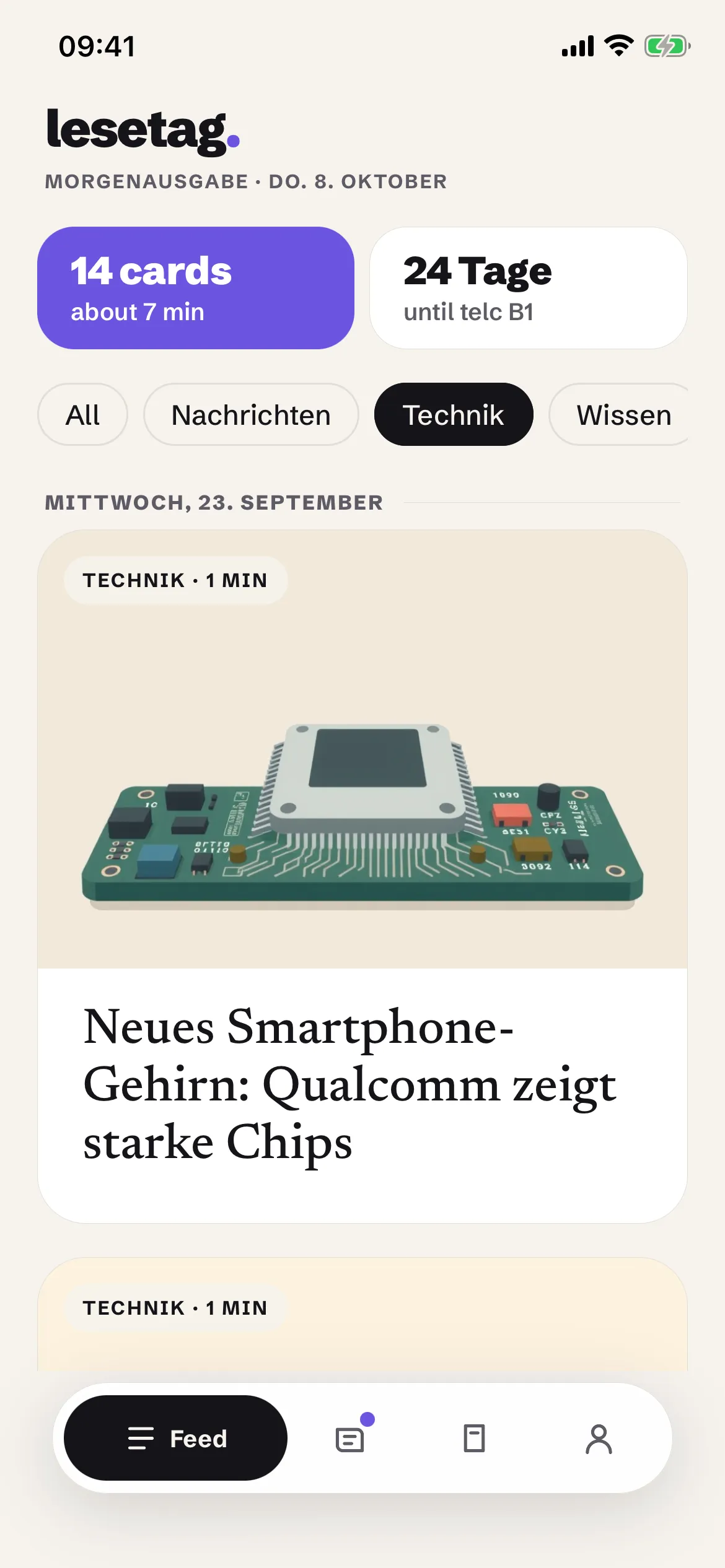 The Lesetag feed: big illustrated cards with German headlines.