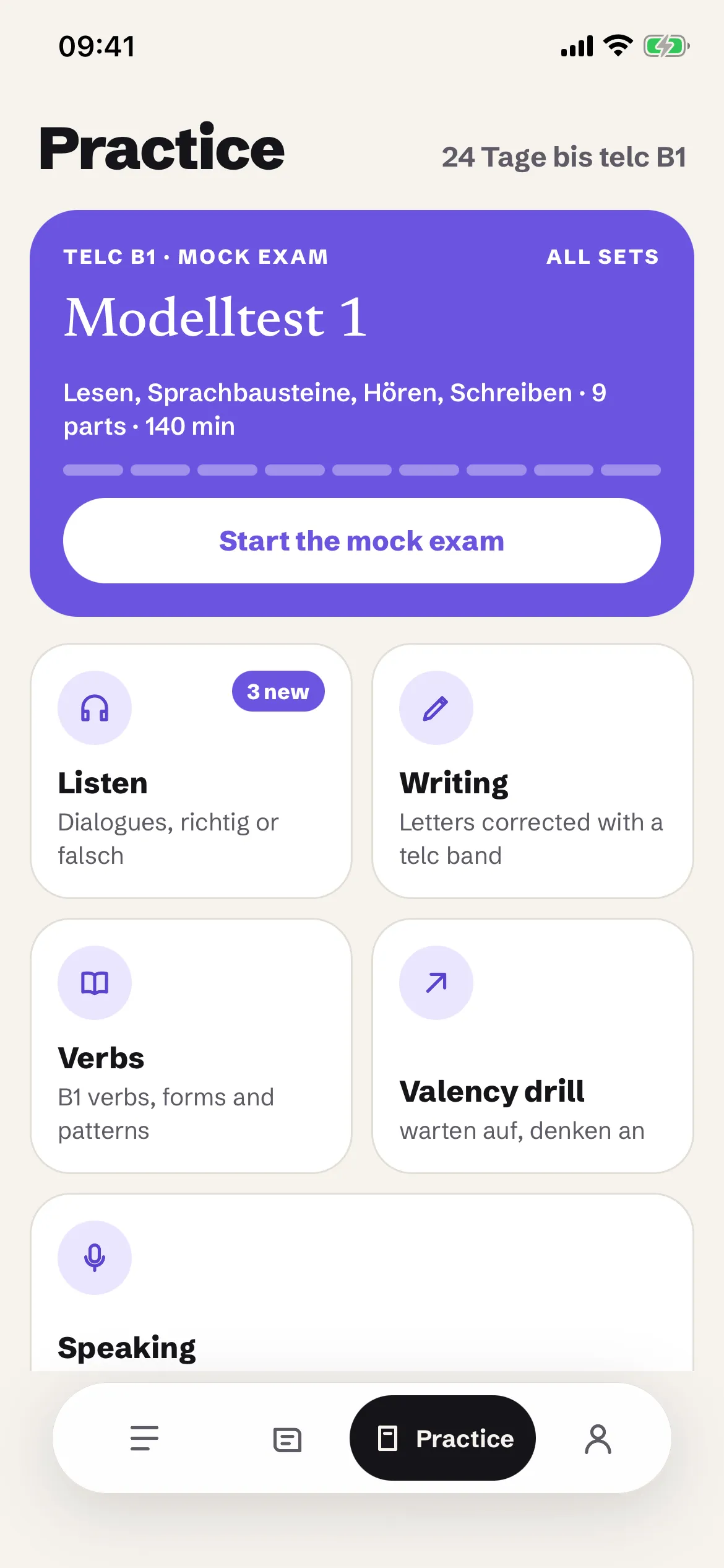 The Practice tab with the current mock exam and tiles for listening, writing, verbs and drills.